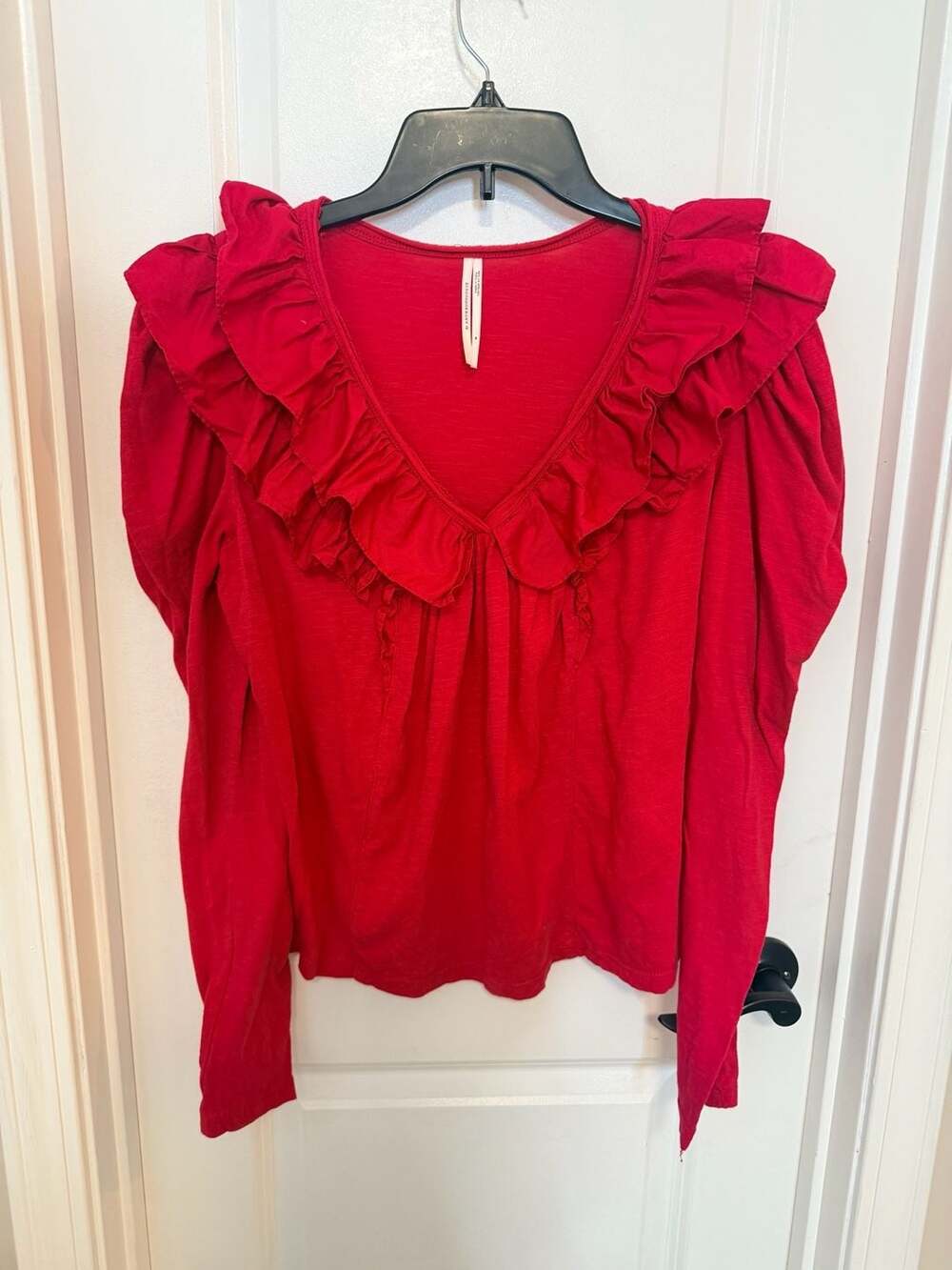Anthropologie Red Ruffle Long Puff Sleeve V-Neck Blouse